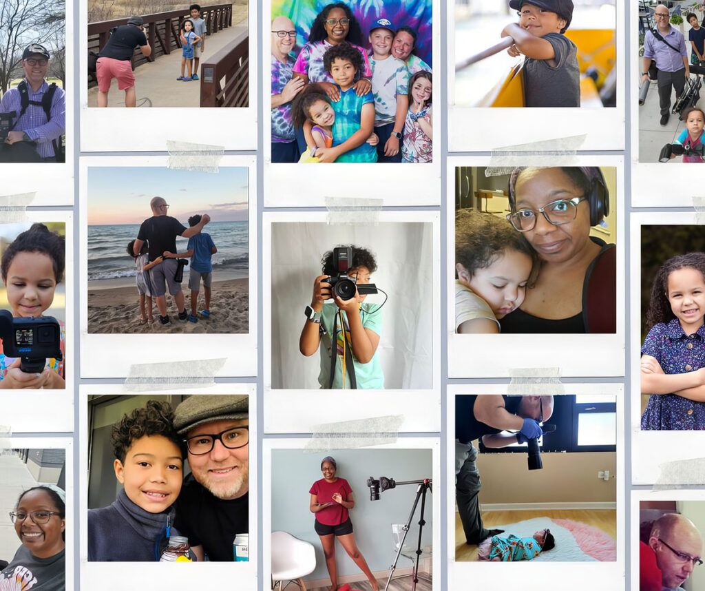 The image is a collage of various photographs that depict moments of family life and leisure. The pictures show a range of activities such as a child taking a photo with a toy camera, a family at the beach, a group photo with several smiling individuals, a child leaning over a yellow railing, a man crouched taking a photo, and a woman with headphones. There's also a shot of someone filming or photographing a subject, and a close-up of a smiling child with an adult. The images together convey a sense of family bonding, creativity, and everyday joy. The collage has a scrapbook-like feel, with pictures appearing to be taped onto a surface, suggesting these are cherished memories being collectively displayed.