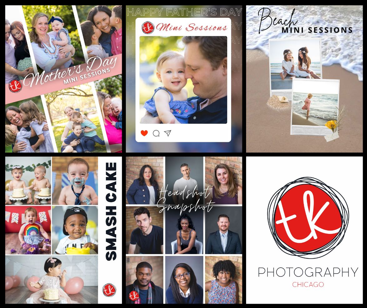 Collage of photography session promotions: Mother's Day, Father's Day, Beach, Smash Cake, Headshots.