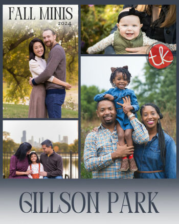 Collage of family photos at Gillson Park for Fall Minis 2024, featuring happy couples and children.