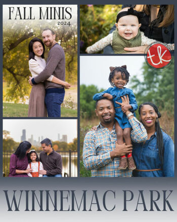 Collage of family portraits at Winnemac Park, featuring couples and children. Text: "Fall Minis 2024."