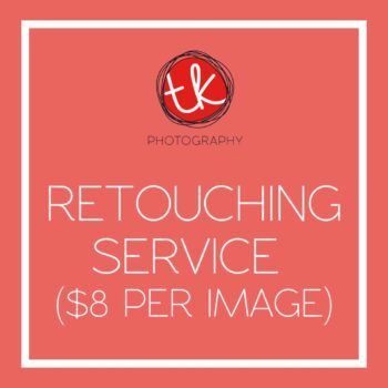 Logo for TK Photography promoting retouching service at $8 per image on a coral background.