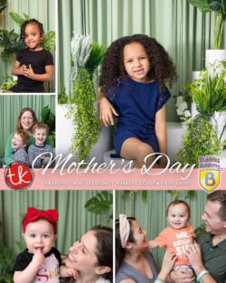 Collage of children and families posing for Mother’s Day Mini Sessions at Bubbles 900 Shops Chicago, with a green floral backdrop.