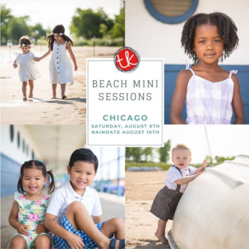 Collage of children’s beach portraits announcing TK Photography’s Chicago Beach Mini Sessions on August 9th, 2025.