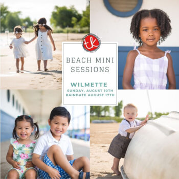 Collage of children’s beach portraits announcing TK Photography’s Wilmette Beach Mini Sessions on August 10th, 2025.
