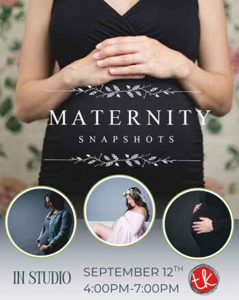 Maternity Snapshots in‑studio session announcement showing a pregnant woman’s belly and three circular maternity portraits.
