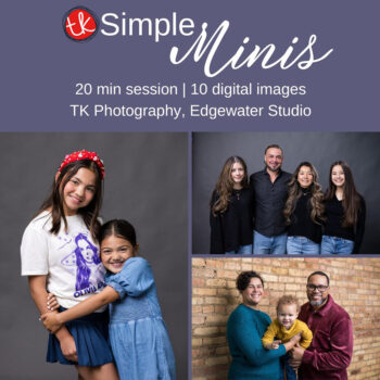 Promotional graphic for TK Photography’s Simple Family Minis on 11-09-2025 - 20-minute studio sessions at Edgewater Studio with sample family and sibling portraits.