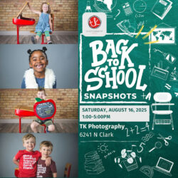 Collage of kids’ back-to-school portraits alongside chalkboard-style graphics promoting TK Photography’s Back to School Snapshots on August 16, 2025.