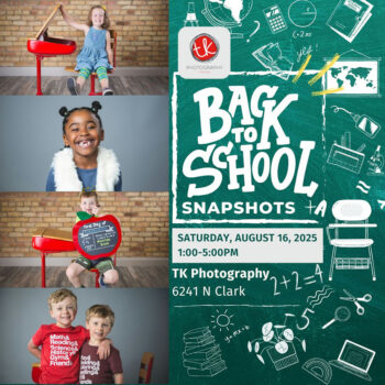 Collage of kids’ back-to-school portraits alongside chalkboard-style graphics promoting TK Photography’s Back to School Snapshots on August 16, 2025.