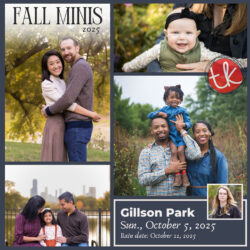Collage of autumn family portraits promoting TK Photography’s Fall Minis at Gillson Park, Wilmette on October 5, 2025.